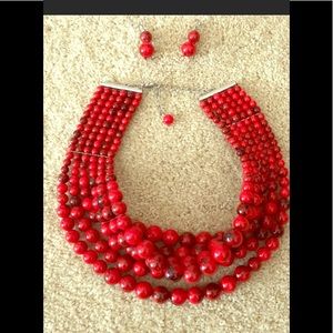 Evereve red beaded necklace, w/ earrings